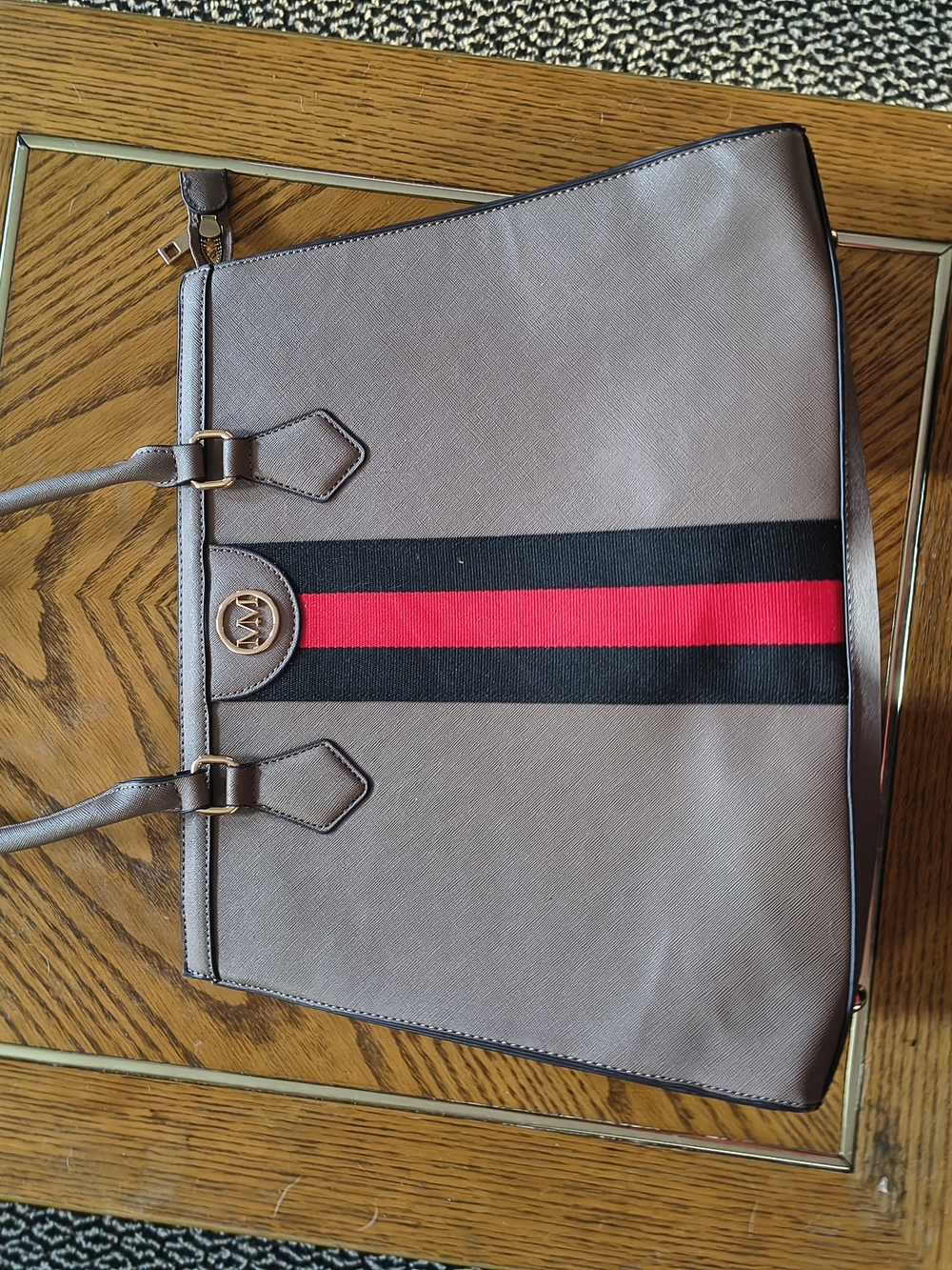 Marilyn Monroe Taupe Tote with Red and Black Center Stripe